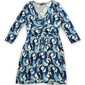 Boden Feathered Shades of Blue 3/4 Sleeve Cinched V-Neck Mini Dress 4 US.